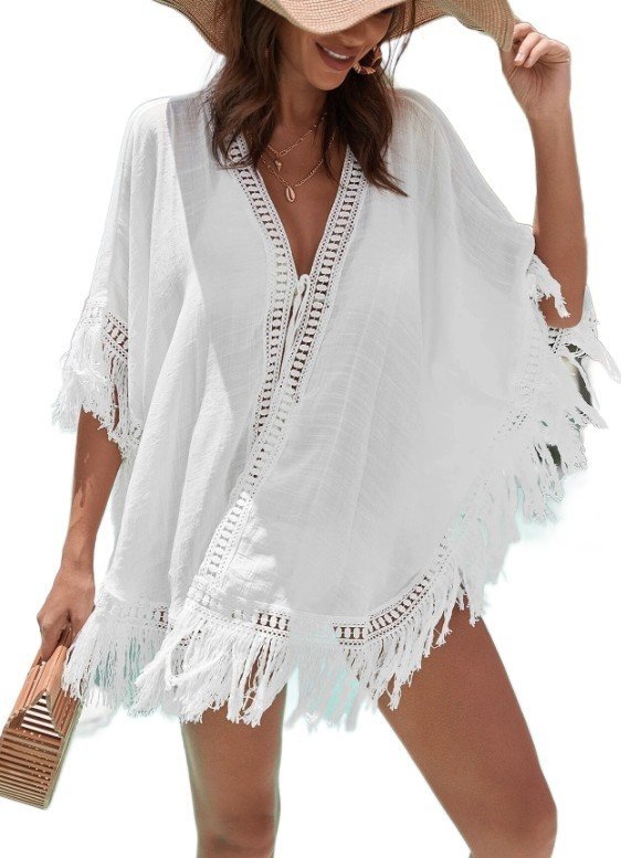Pareo Narzutka Na Strój Tunika Boho Biała Frędzle