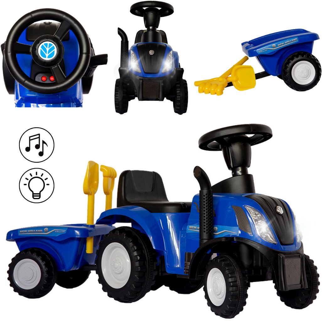 Jeździk odpychacz traktor z przyczepką i funkcjami dźwiękowymi oraz świetlnymi NEW HOLLAND niebieski