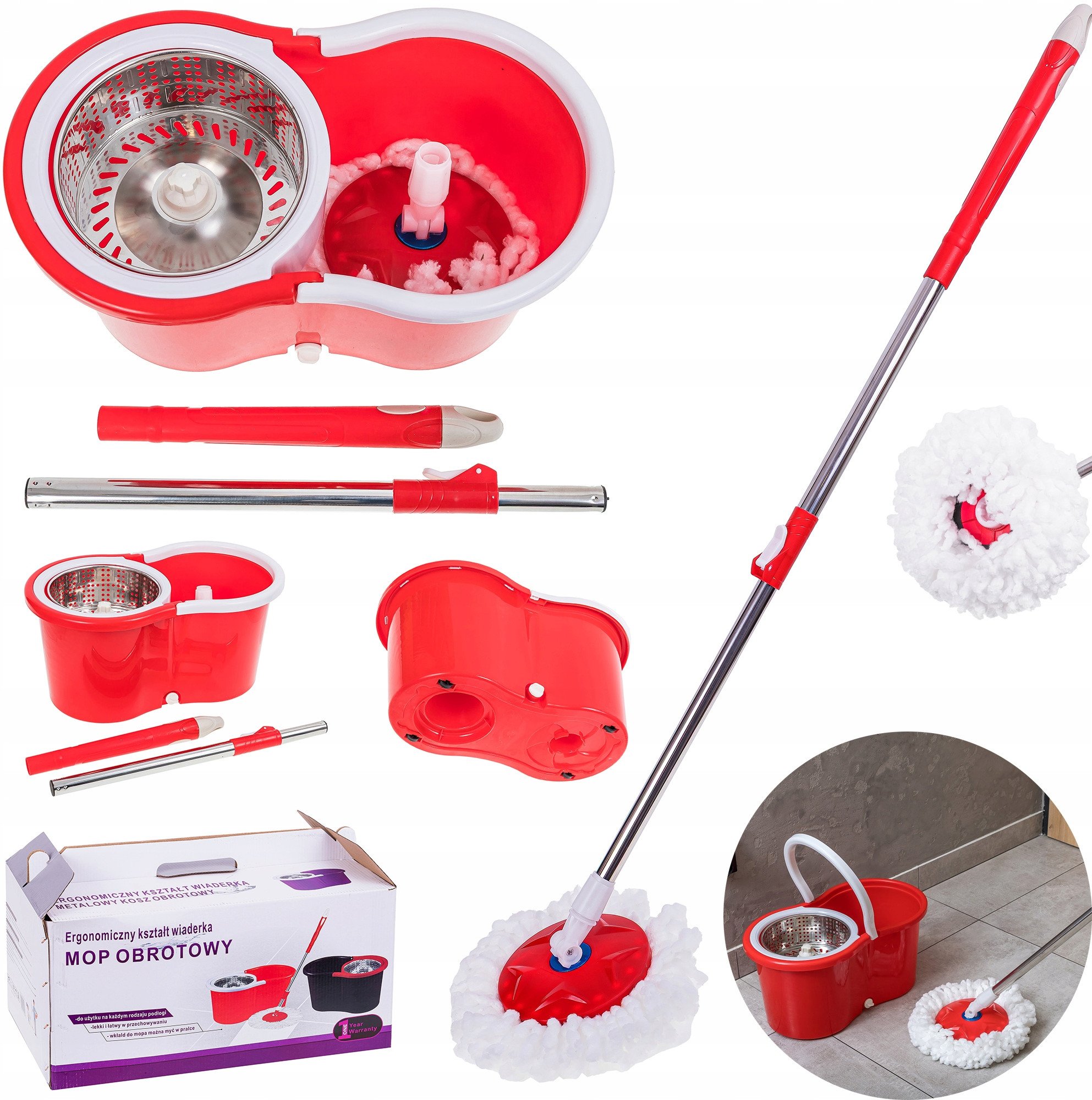 MOP OBROTOWY WIRUJĄCY 360 NAPĘD W RĄCZCE WIADRO + 2 WKŁADY CZERWONY
