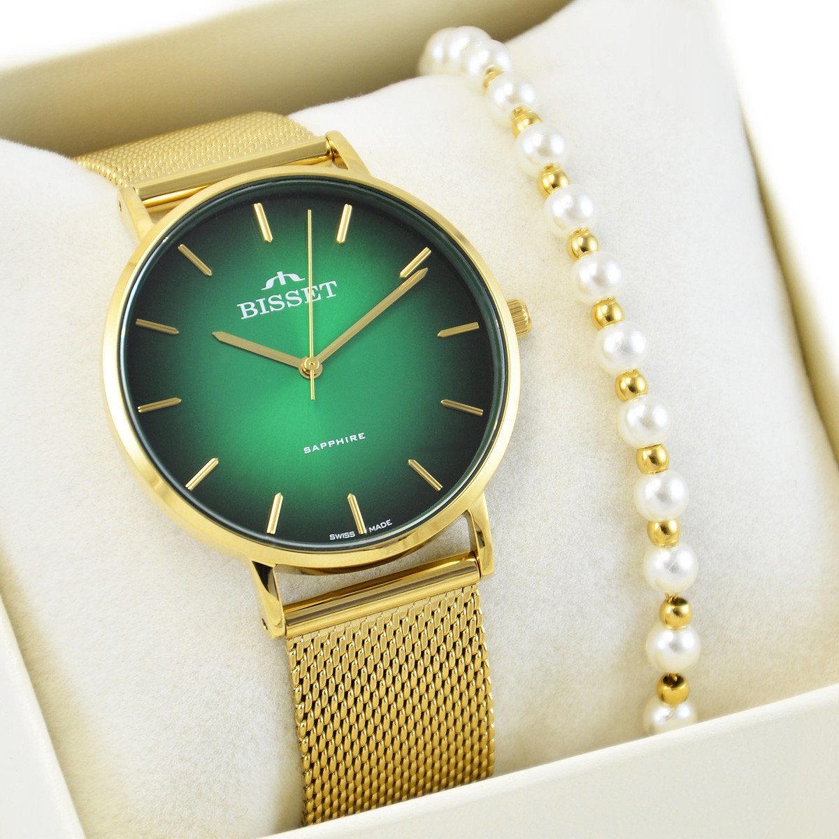 Zegarek Bisset Zestaw damski zegarek Szwajcarski ARITTE zielony + bransoletka