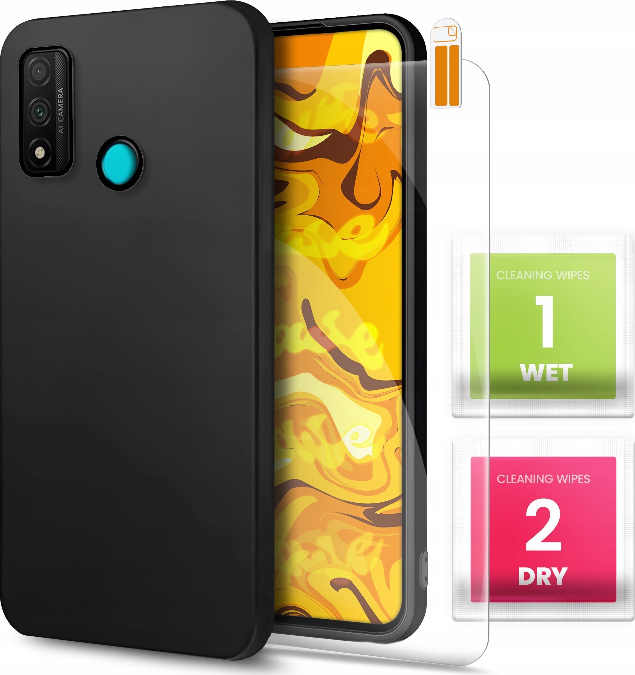 ETUI DO HUAWEI P SMART 2020 GUMOWE OBUDOWA CZARNE MATOWE SILIKON SZKŁO 9H