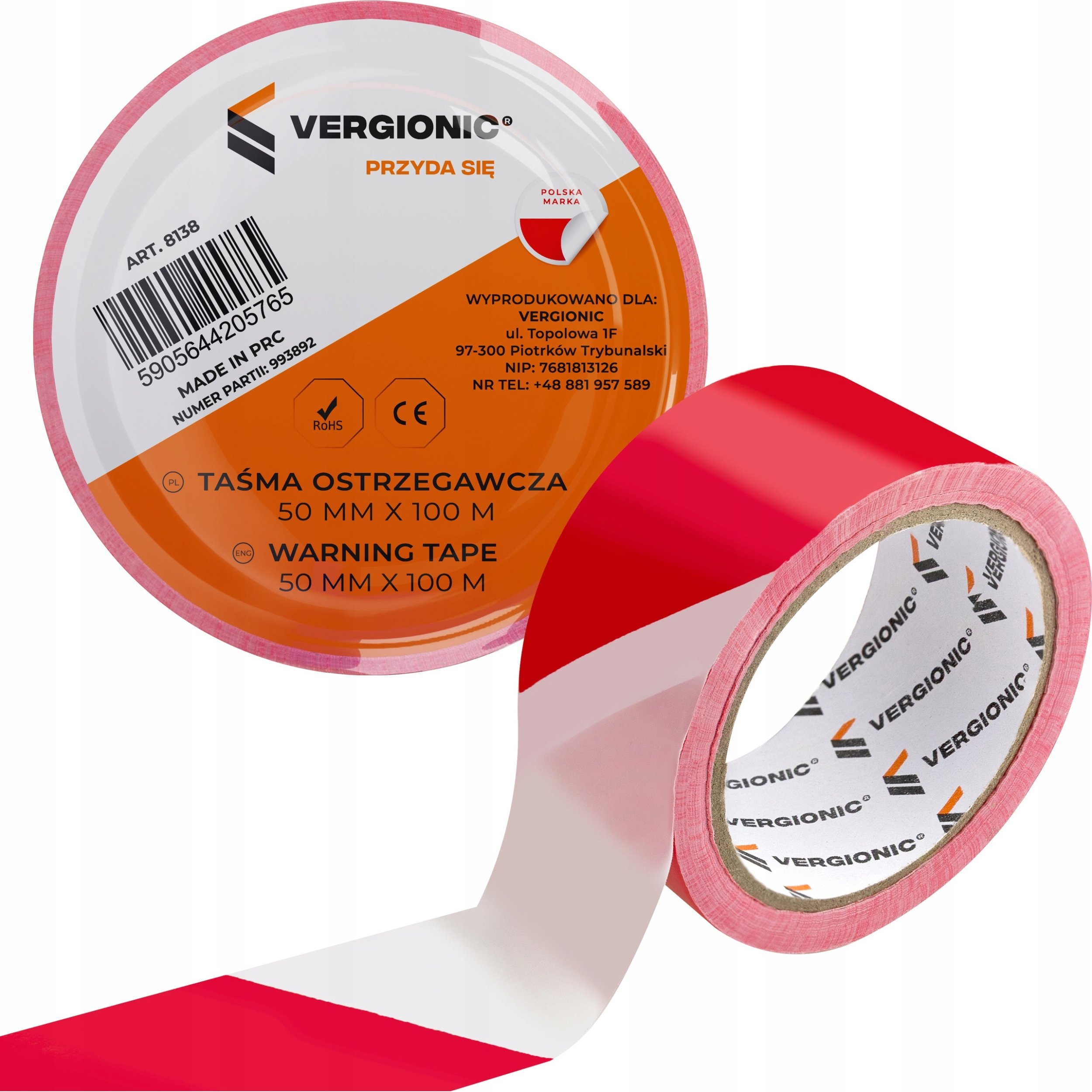 Taśma ostrzegawcza czerwona 50 mm x 100 m VERGIONIC