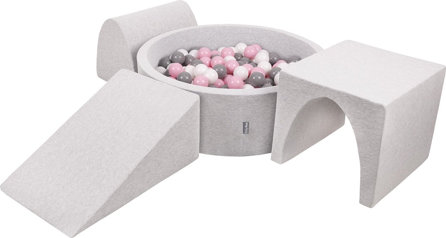 KiddyMoon Piankowy plac zabaw PPZP-OK30D-124 z piłeczkami jasnoszary: biały-szary-pudrowy róż basen 200/klin L/górka/tunel Zabawka plac zabaw