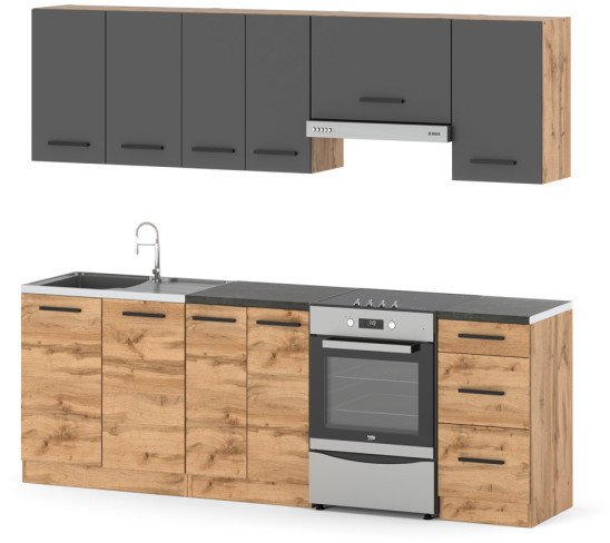 Meble Kuchenne Szare Z Drewnem 2.4m Zestaw Nowoczesny Modułowy Dąb Wotan