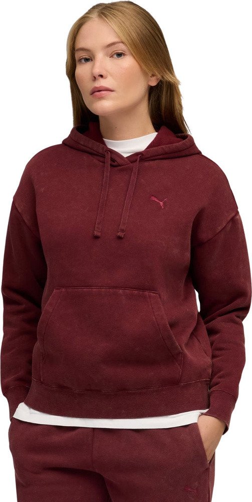 Bluza damska z kapturem kangurka Puma ESS Elevated Relaxed Wash Hoodie bordowa 688103 96 L