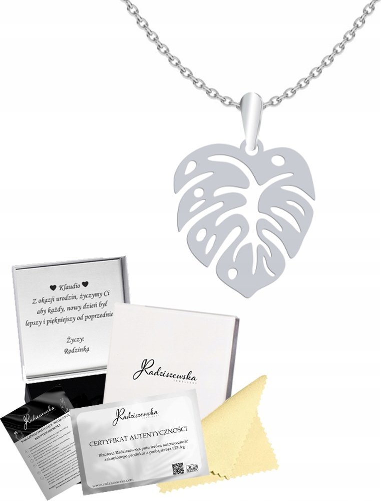 Radziszewska Jewellery Naszyjnik Srebrny LIŚĆ MONSTERY Łańcuszek 925 Prezent ŻYCZENIA GRATIS