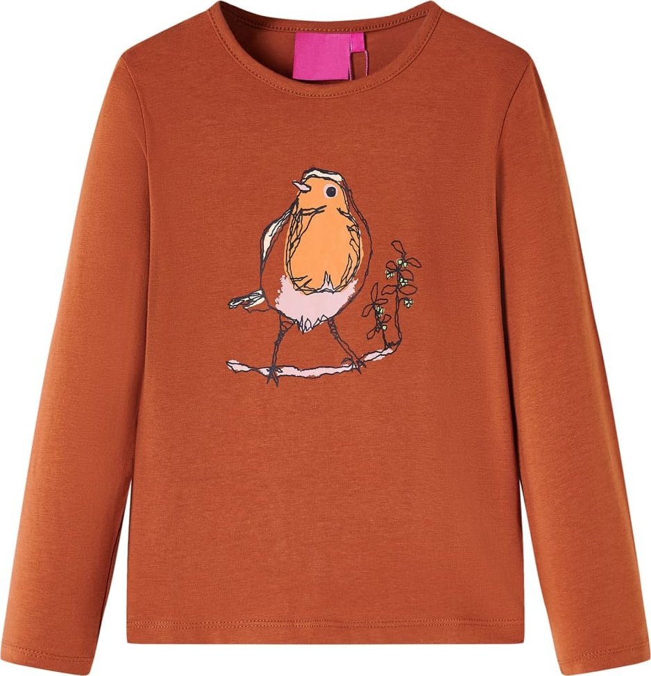 vidaXL Koszulka dziecięca z długimi rękawami, z ptaszkiem, koniakowa, 140