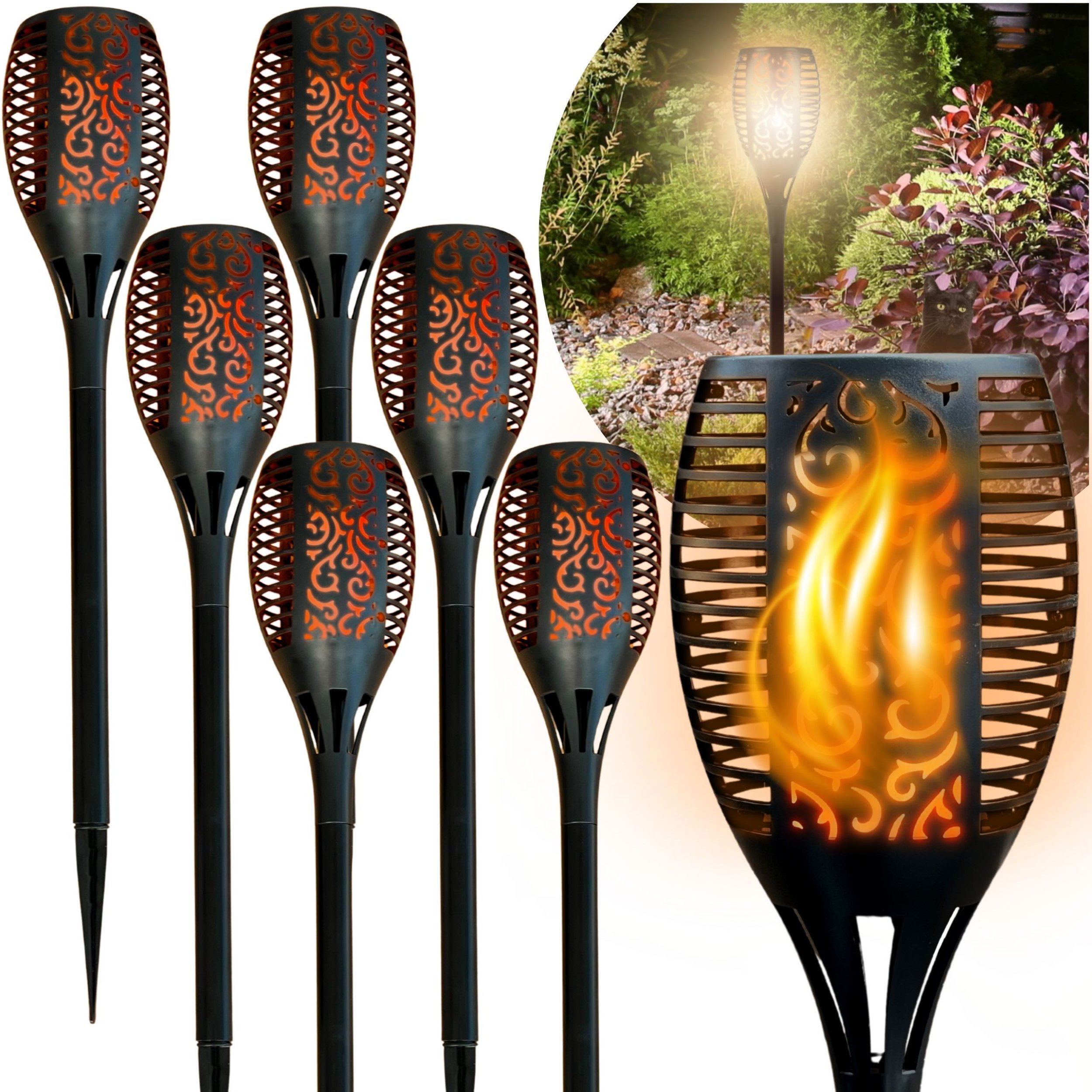 BLIXTAR 6X Ogrodowa Duża Lampa Solarna LED 96, Wbijana Pochodnia Płomień Latarnia zestaw