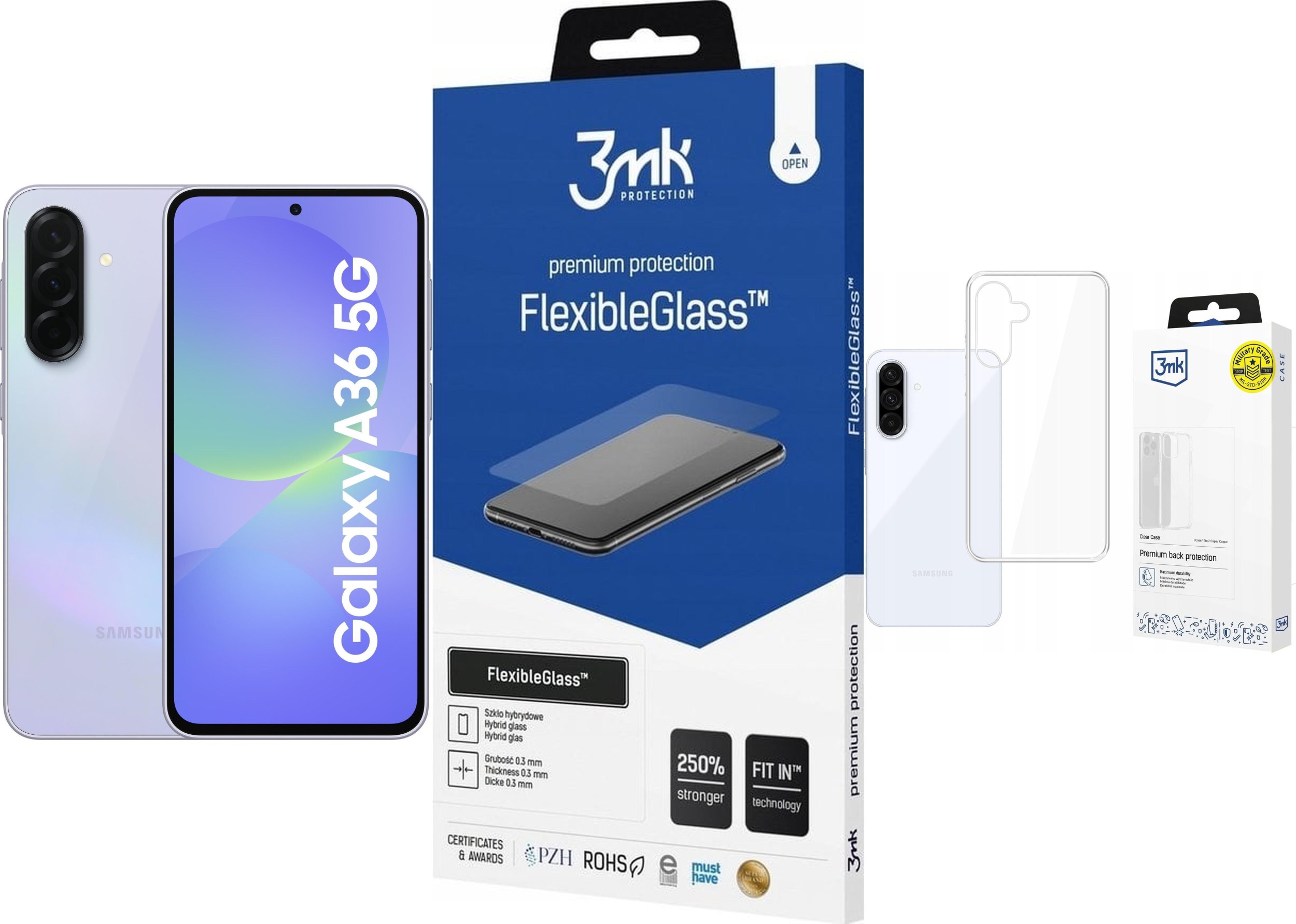 Smartfon Samsung Galaxy A36 5G 8/256GB Fioletowy (SM-A366BLVGEUE) + FlexibleGlass + Etui Clear Case
