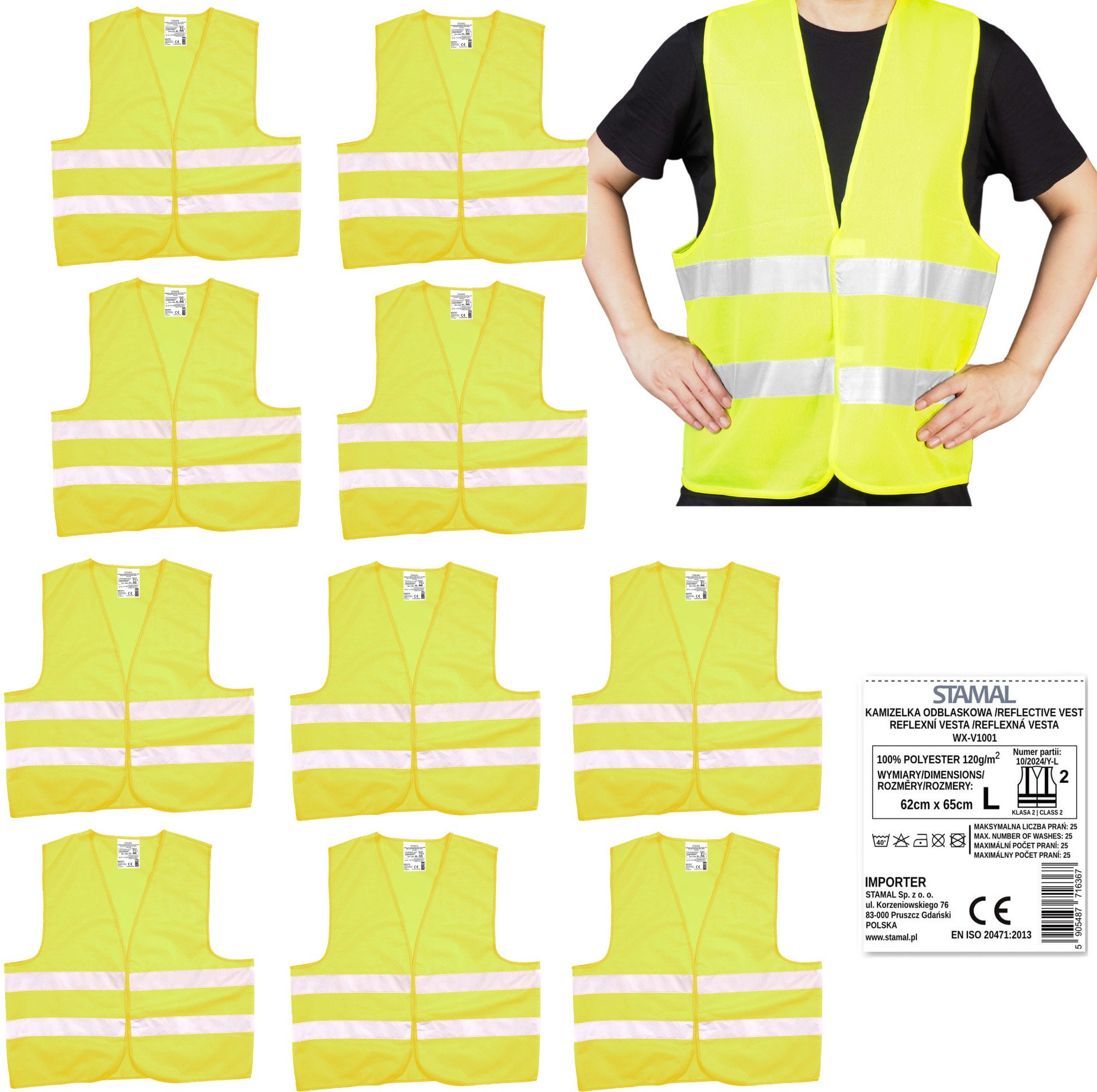 Kamizelka odblaskowa ostrzegawcza dorosłych L BHP atestem CE EN20471 10szt