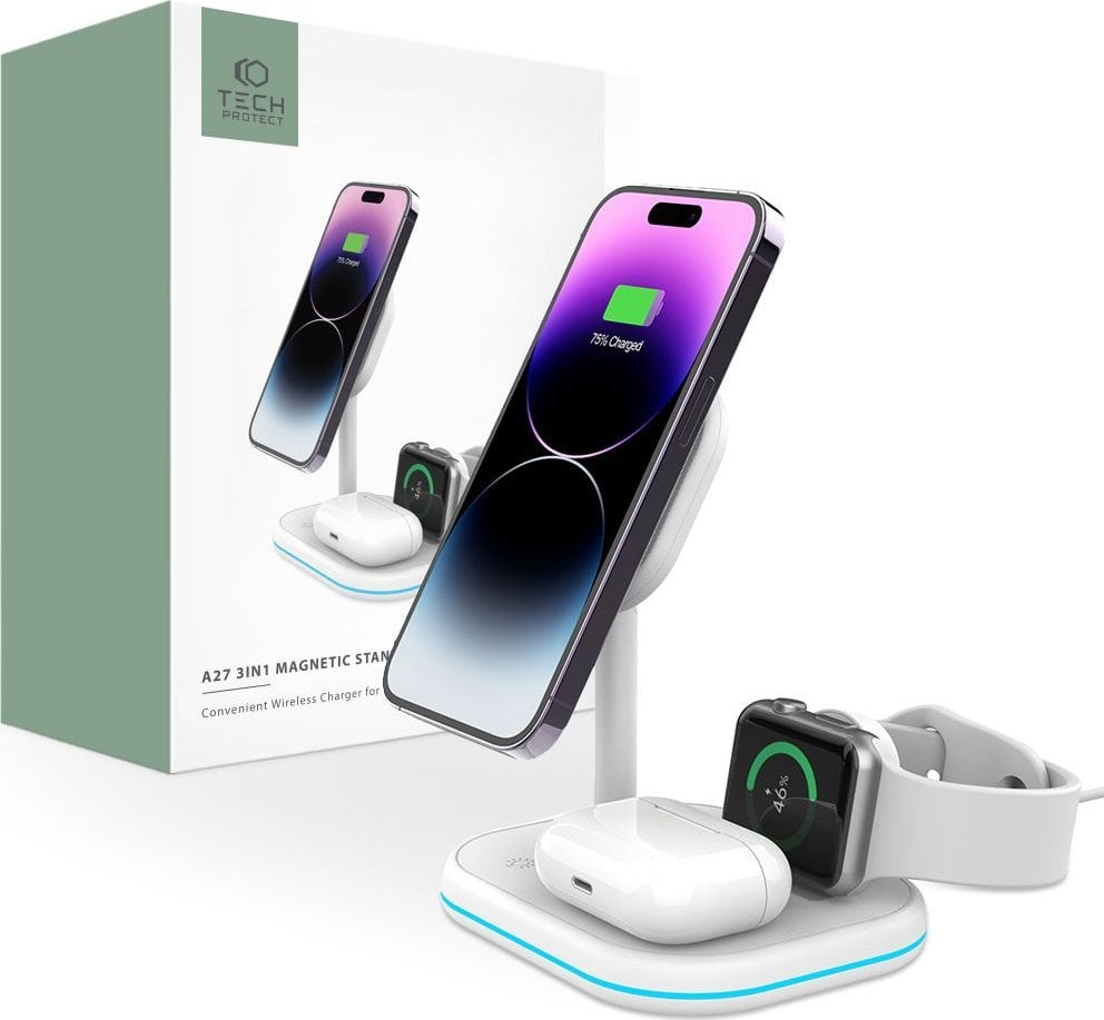 Ładowarka Tech-Protect Ładowarka bezprzewodowa Tech-Protect QI15W-A27 3in1 Magnetic MagSafe Wireless Charger White