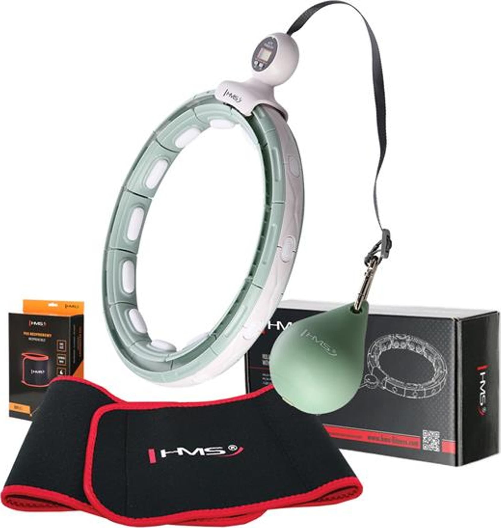 HMS ZESTAW HULA HOP MAGNETYCZNY GREEN HHM15 Z LICZNIKIEM HMS + PAS WYSZCZUPLAJĄCY BR163 RED