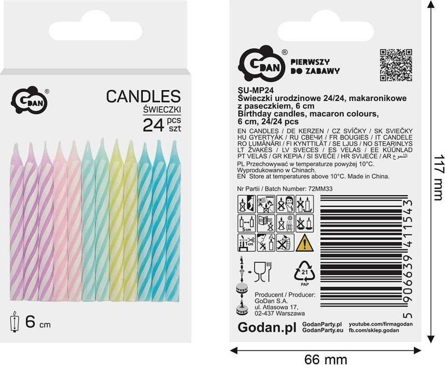 Świeczki urodzinowe makaronikowe 6cm 24szt