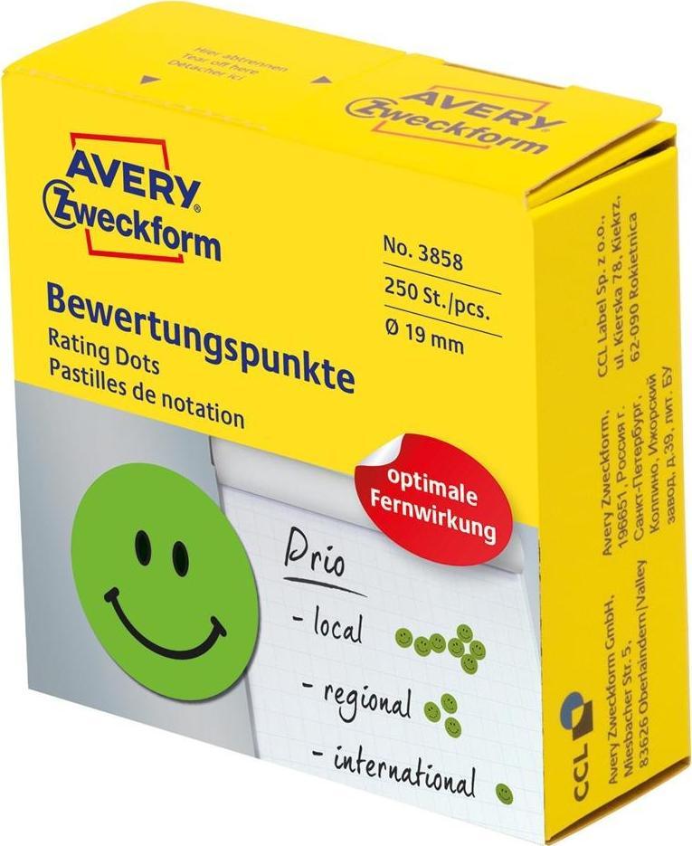 Avery Zweckform Kółka Uśmiechnięta buźka 3858 Q19 w rolce Kółka z symbolami do zaznaczania, trwałe, 250 szt. / rolka, zielone, Avery Z