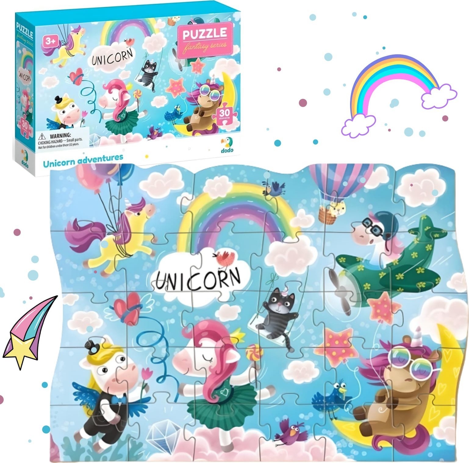 Dodo PUZZLE PRZYGODA JEDNOROŻCA 30 ELEMENTÓW KOLOROWA UKŁADANKA DLA NAJMŁODSZYCH