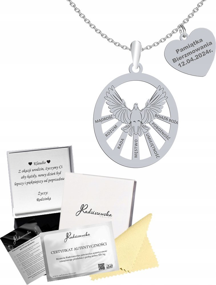 Radziszewska Jewellery Naszyjnik Srebrny z Duchem Świętym Serce na Bierzmowanie Prezent GRAWER