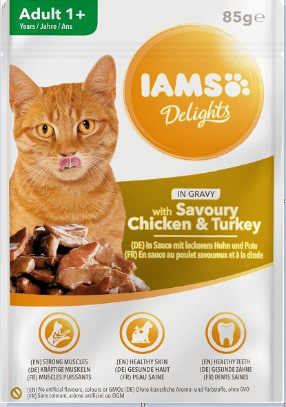 IAMS IAMS-Naturally karma dla dorosłych kotów, z aromatycznym kurczakiem i indykiem w sosie 85g