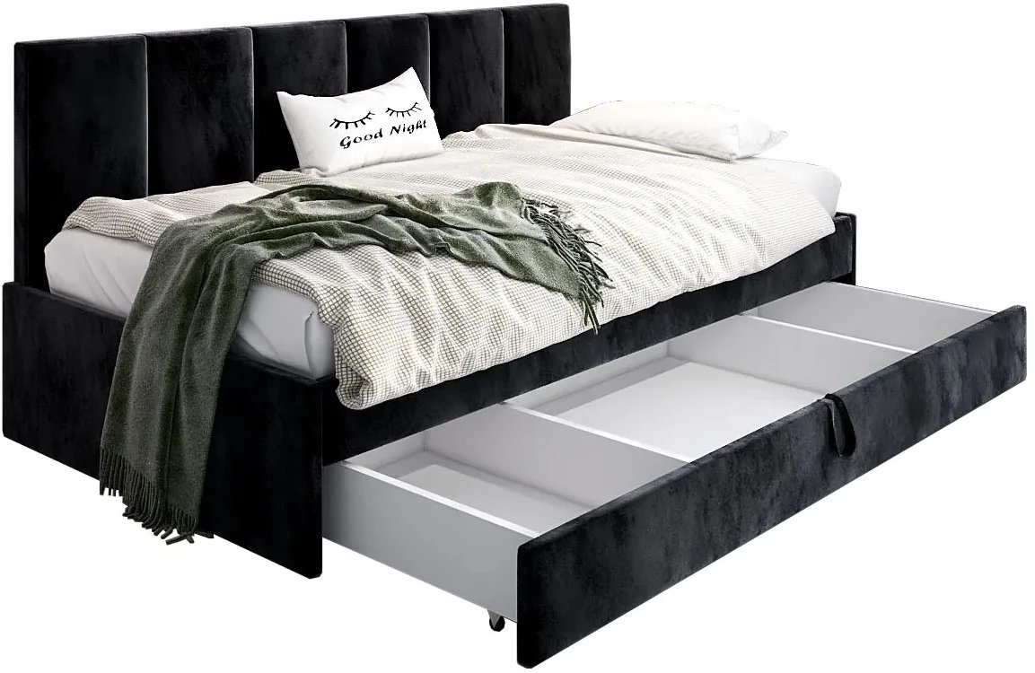 Łóżko młodzieżowe SORA 2 90x200 czarne z tapicerowanym panelem i szufladą MKPOL