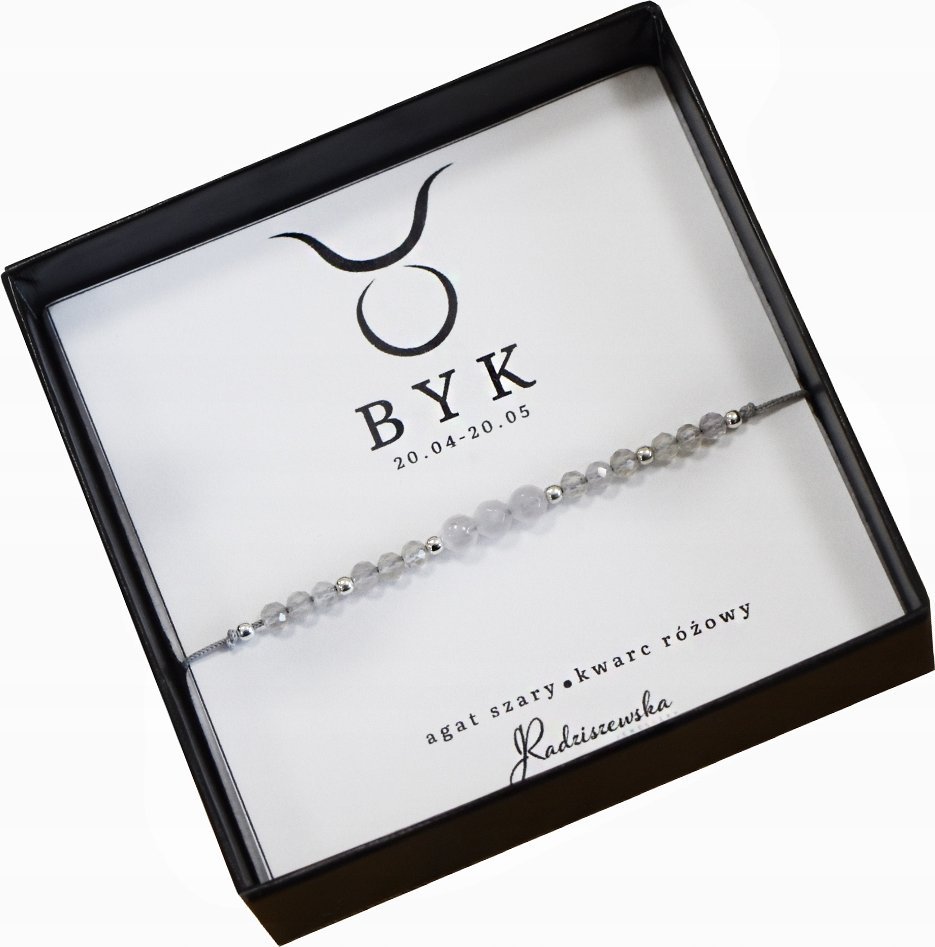 Radziszewska Jewellery Bransoletka z Kamieni Naturalnych BYK Zodiak Agat Szary Kwarc Różowy