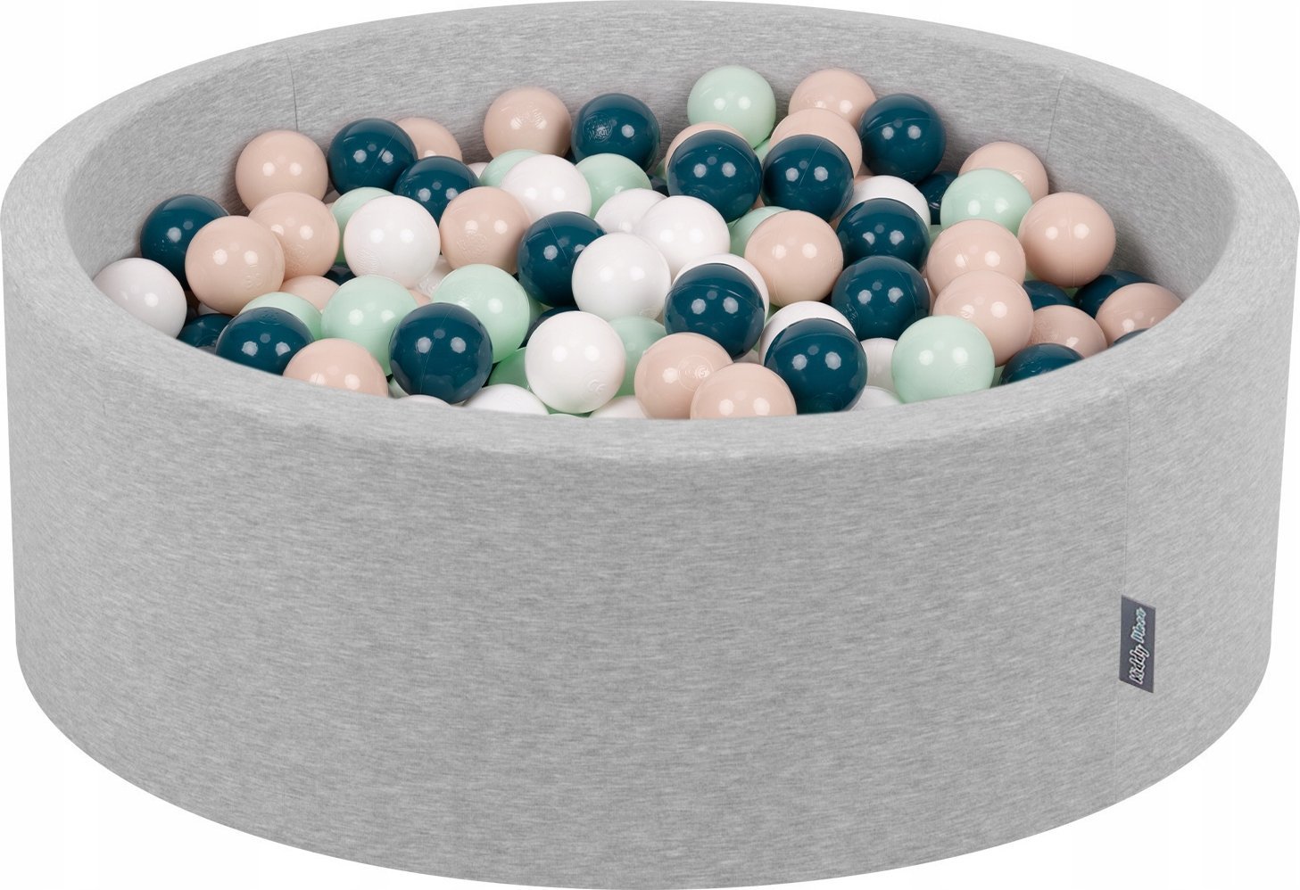 KiddyMoon Suchy basen okrągły z piłeczkami 7cm jasnoszary: ciemny turkus-pastelowy beż-biały-mięta 90x30cm/300piłek Zabawka basen piankowy