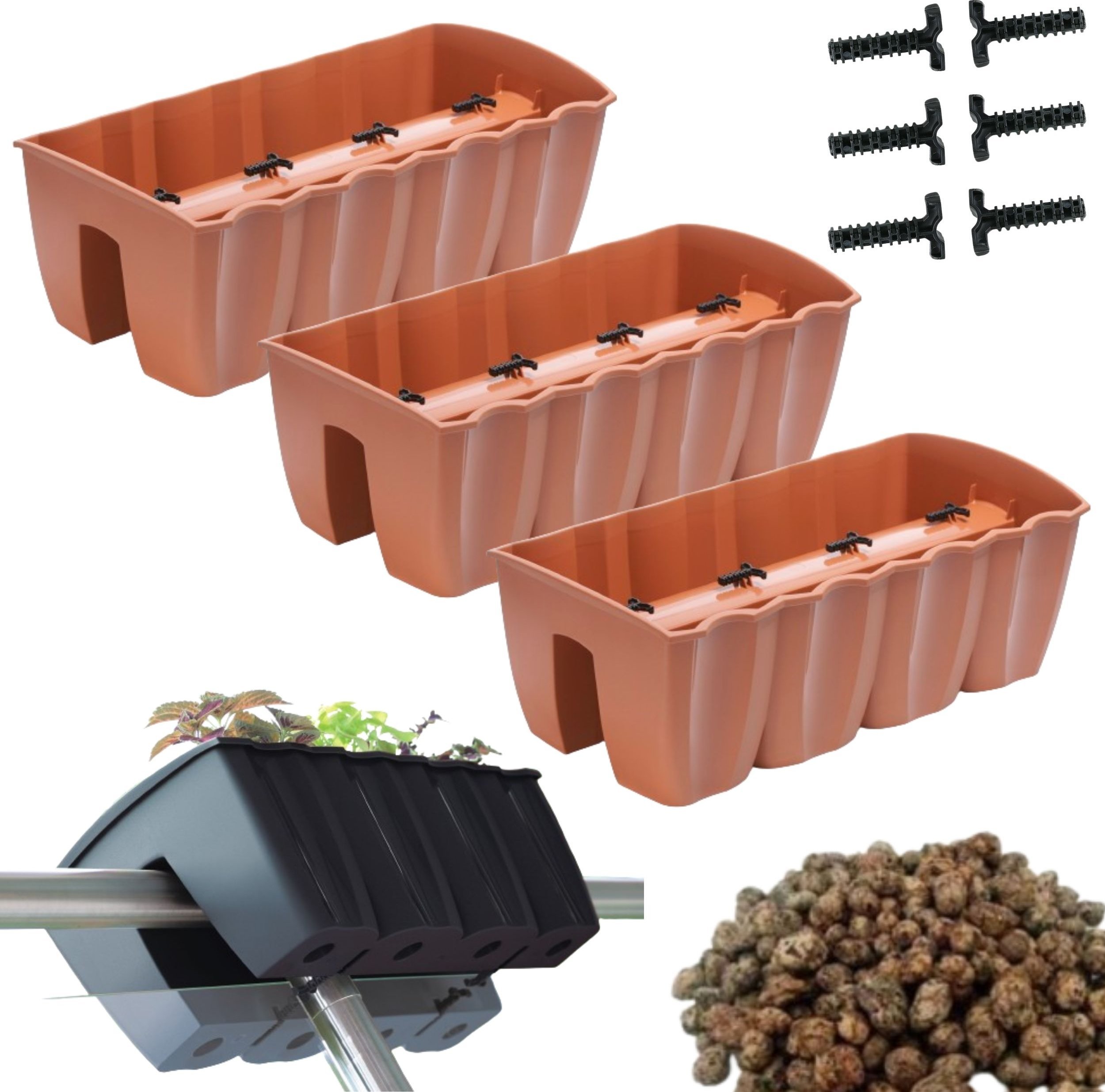 Prosperplast 3x Skrzynka na balustradę DCRO600, Doniczka balkonowa + keramzyt 5l