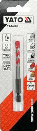 Wiertło Yato `Wiertło uniwersalne 6,0x85 mm.uchwyt 1/4"Hex (beton,ceramika,stal,alum.,PCV,drewno)