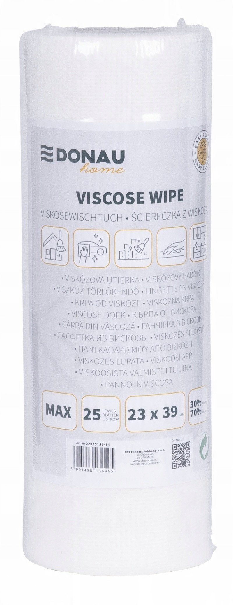 Ścierka DONAU HOME, z wiskozą 70%, rolka, max, 23x39cm, 25 listków, biała