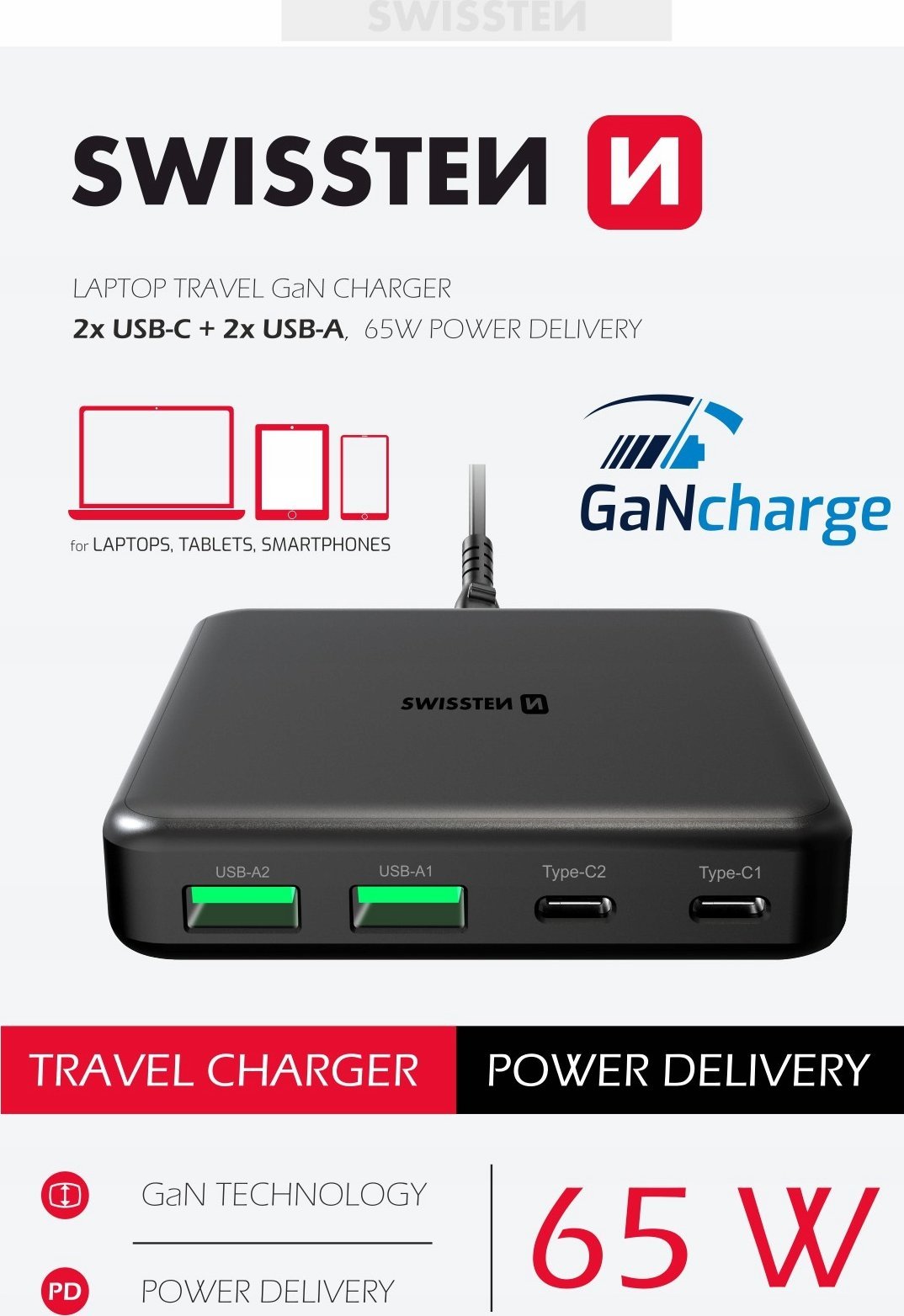 Zasilacz do laptopa Sourcing Swissten Desktop GaN Charger Adapter 2x USB-C / 2x USB / 65W