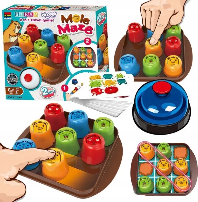 Edukacyjna Gra Logiczna "MOLE MAZE" 2w1 SZYBKIE KUBECZKI, Kółko Krzyżyk, Karty