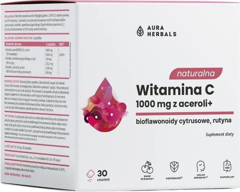 Aura Herbals Aura Herbals Naturalna witamina C 1000 mg z aceroli, wiśniowa - 30 sa