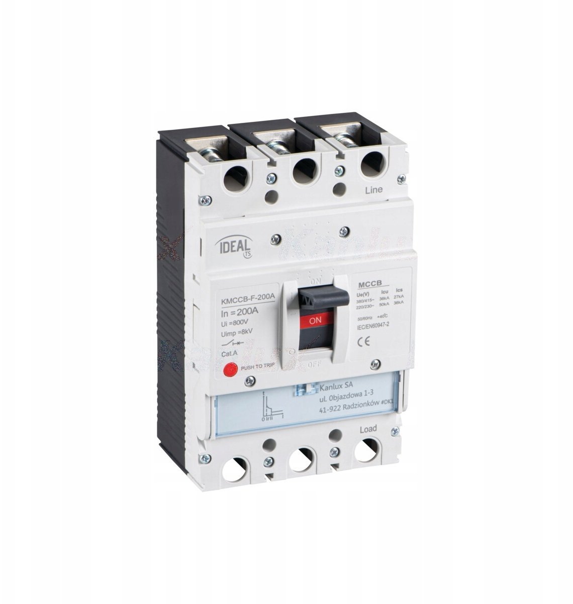 Wyłącznik kompaktowy MCCB KMCCB-F-200A stała nastawa 3 bieguny Ics 36kA(380/415V AC) Icu 50kA(220/230V AC) IP20 36291