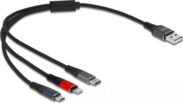 Kabel USB Delock USB-A - USB-C + microUSB + Lightning 0.3 m Czarny (87236)