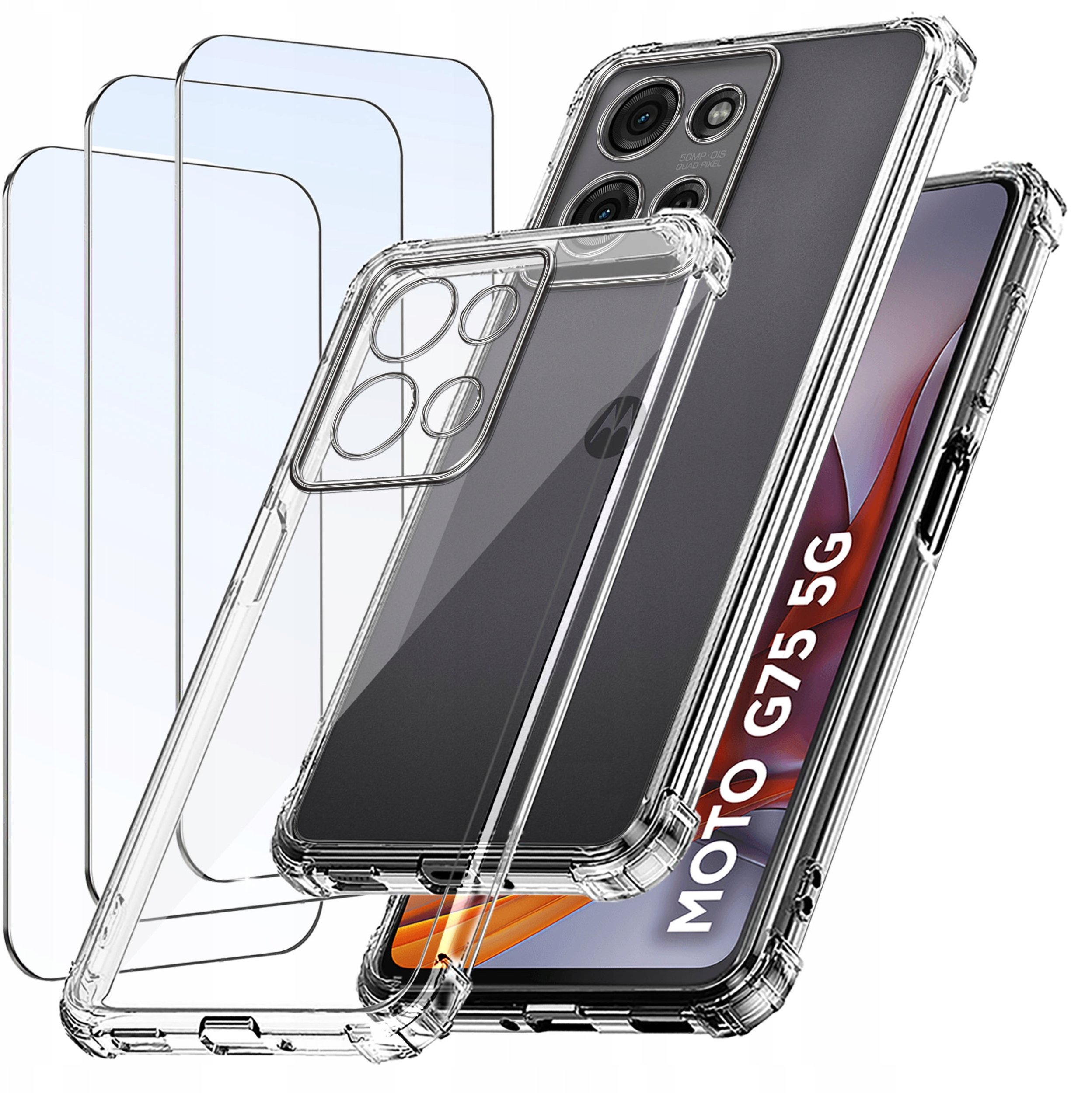 ZESTAW Etui do Motorola G75 5G ANTI-SHOCK CLEAR WZMACNIANE +3 SZTUKI SZKŁO
