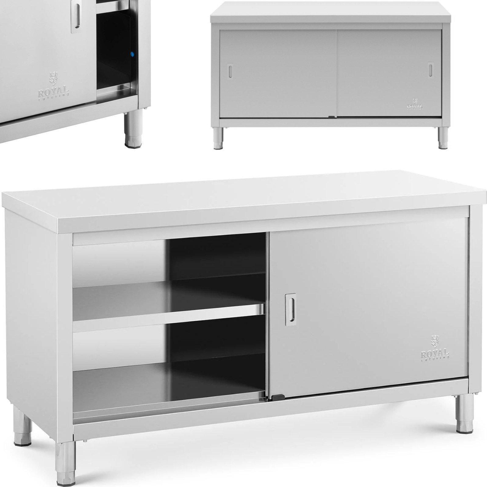 Royal Catering Stół blat roboczy centralny z szafką drzwi suwane 150 x 60 x 85 cm Stół blat roboczy centralny z szafką drzwi suwane 150 x 60 x 85 cm