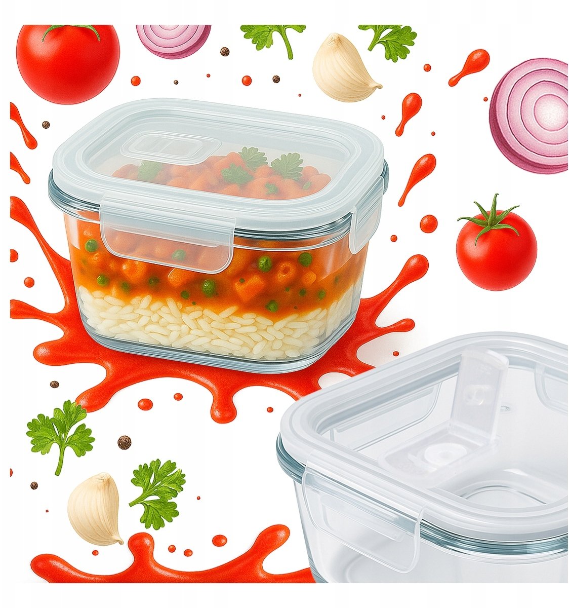 Pojemnik szklany hermetyczny kwadratowy 320 ml na żywność obiad lunch