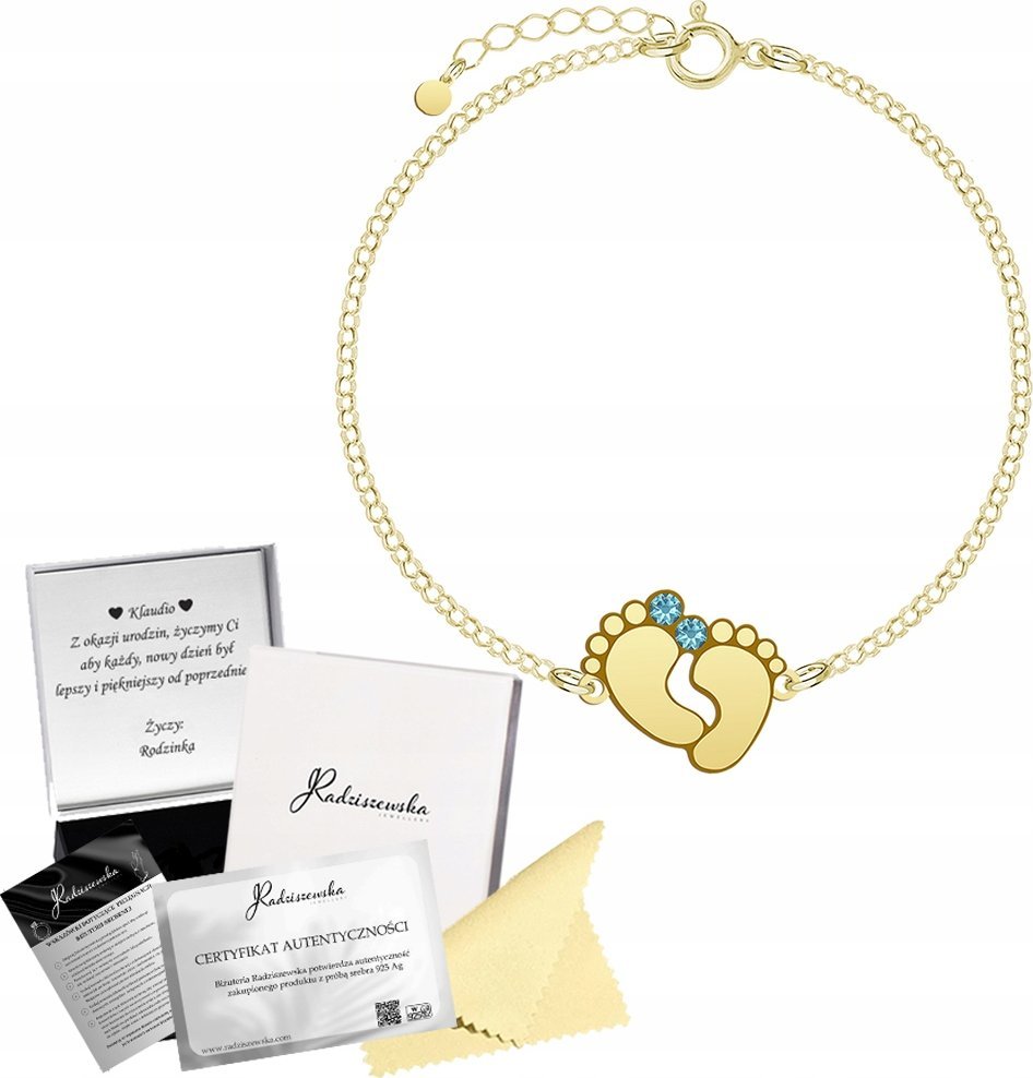 Radziszewska Jewellery Bransoletka Złota Stópki Dziecka Imię Srebro 925 Dzień Mamy Grawer Prezent