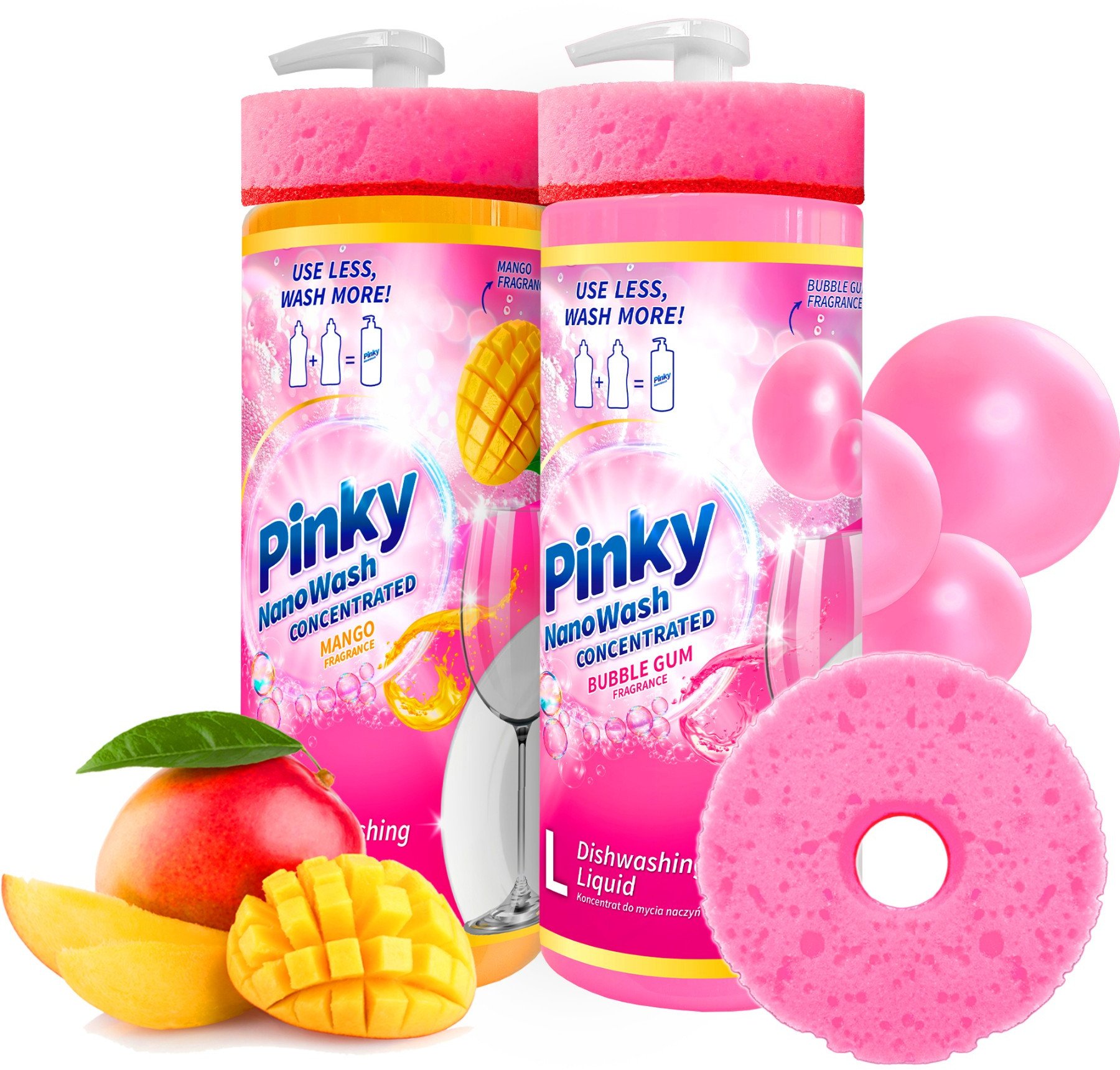 ZESTAW 2x Płyn do Mycia Naczyń Bubble Gum i Mango Koncentrat NanoWash Pinky