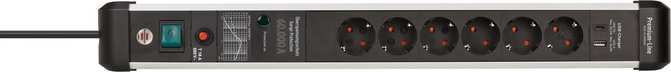 Listwa zasilająca Brennenstuhl Brennenstuhl Premium-Protect-Line power strip 6-way (black/silver, 60,000 A surge protection, 3 meters, with USB Power