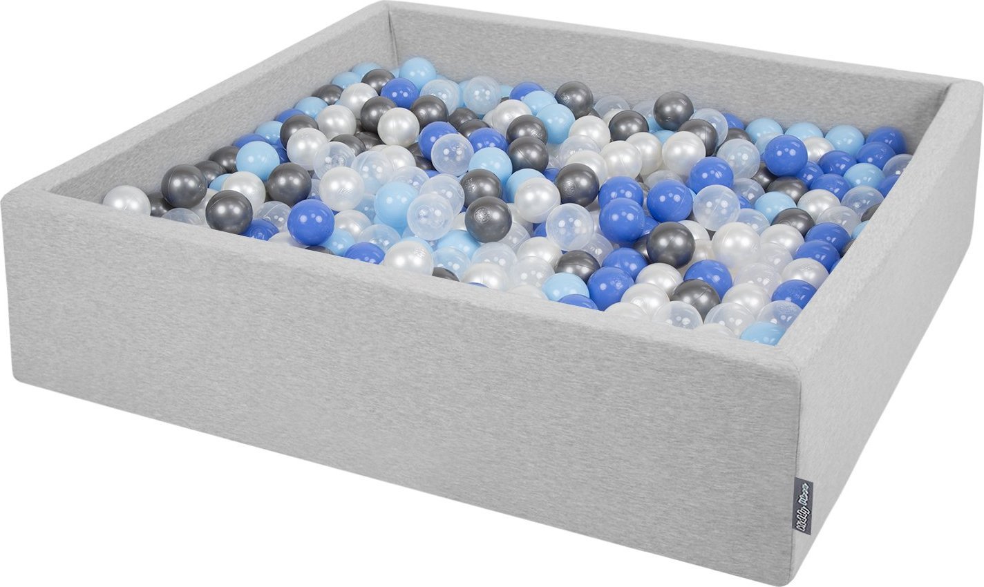 KiddyMoon Suchy basen kwadratowy z piłeczkami 7cm 120x30 jasnoszary: perła-niebieski-babyblue-transparent-srebrny 120x30/1000piłek Zabawka basen piank