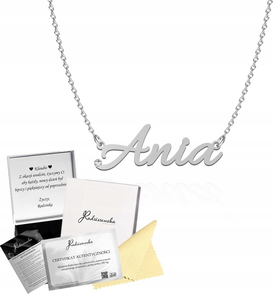 Radziszewska Jewellery Naszyjnik Srebrny z imieniem ANIA Łańcuszek Kobieta 925 ŻYCZENIA GRATIS