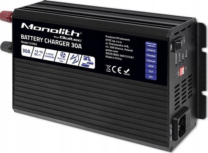 Qoltec Inteligentna ładowarka do akumularów LiFePO4 AGM GEL SLA | 30A | 12V