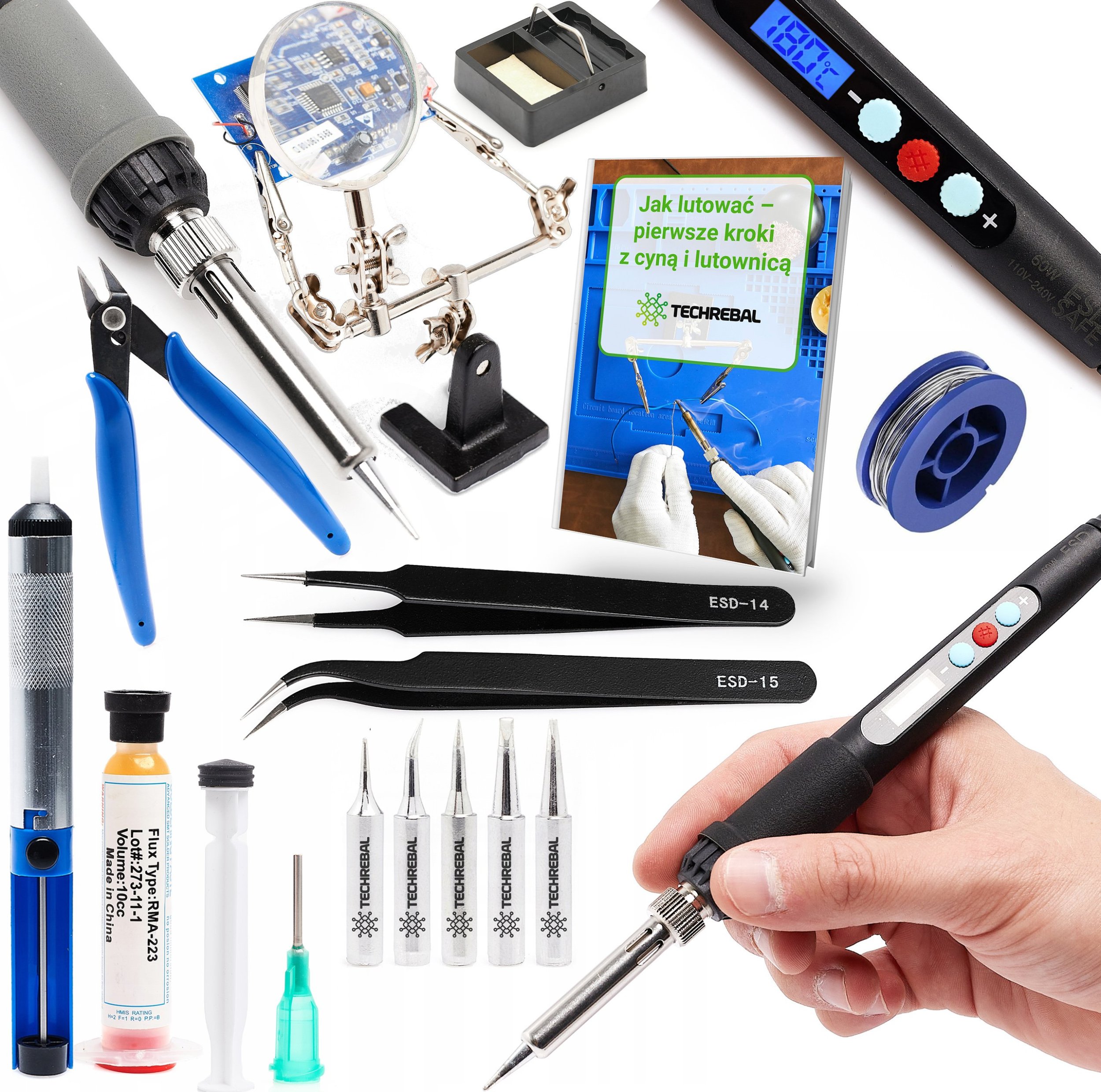 Precyzyjna Lutownica z Wyświetlaczem 60W 5x Grot Cyna Odsysacz Trzecia Ręka