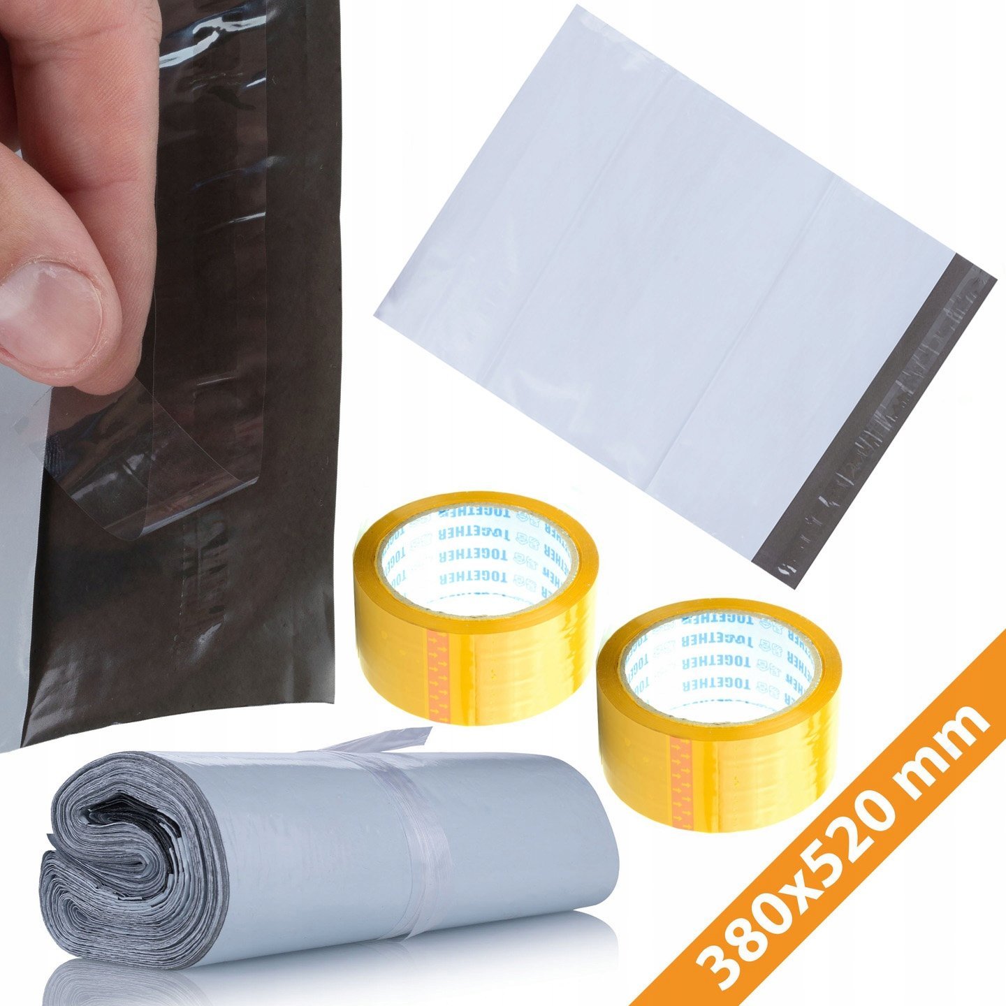 Rosfix Rosfix Foliopaki białe z czarnym kolorem wewnątrz 38x52cm + 2x Taśma pakowa żółta Rosfix 48 mm x 50m