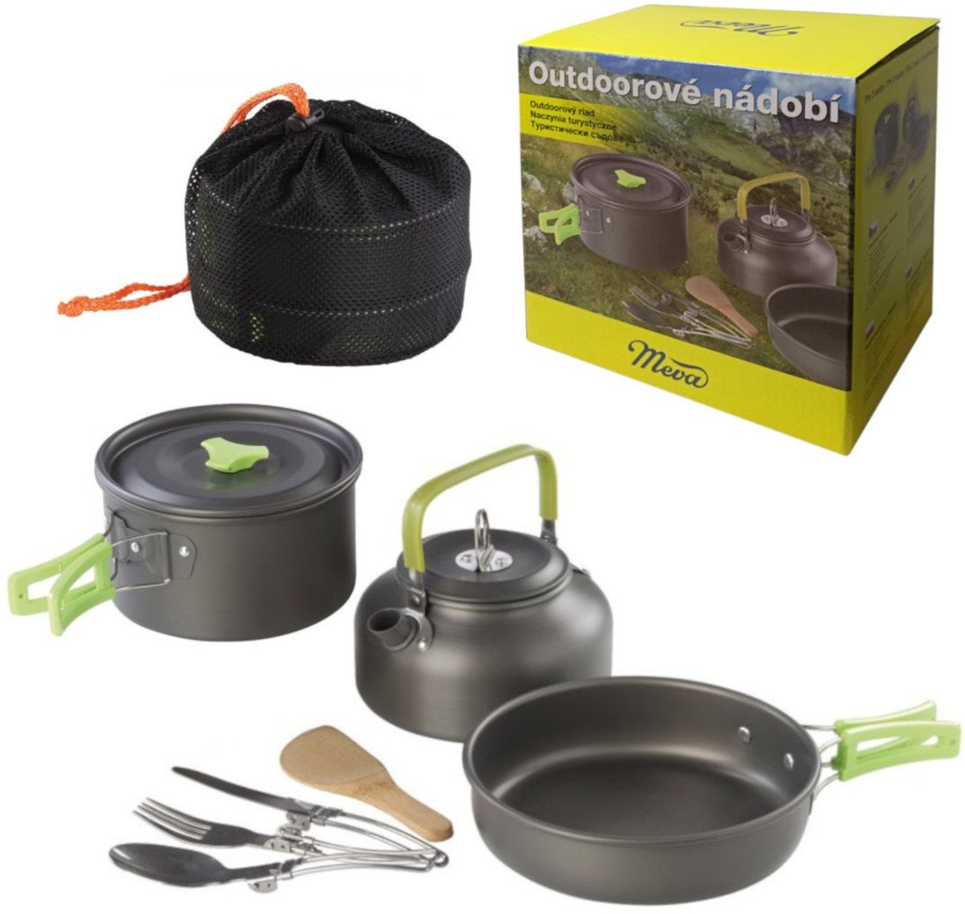 Naczynia turystyczne kempingowe czajnik garnek patelnia sztućce ZESTAW dla 2 osób MEVA