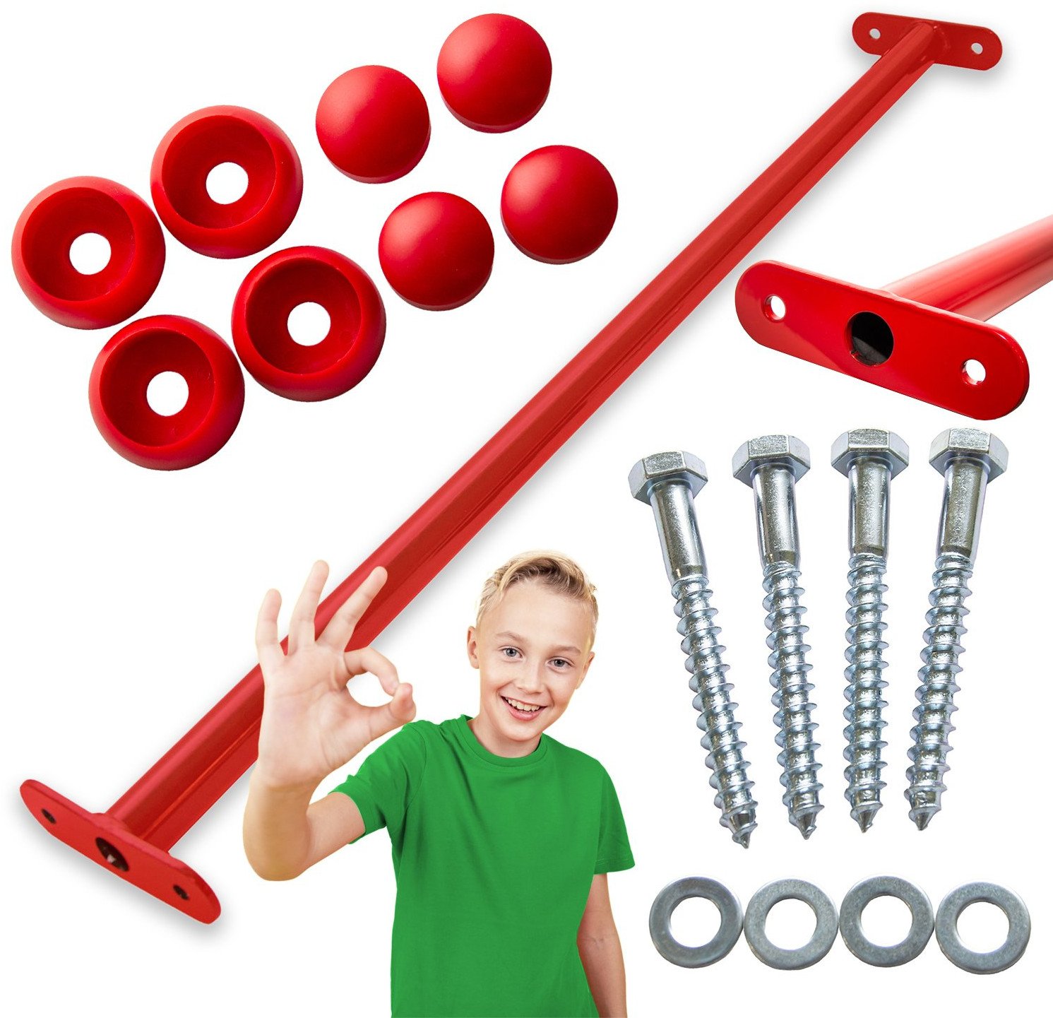 Drążek Metalowy Czerwony 90cm Na Plac Zabaw Uchwyt do podciągania