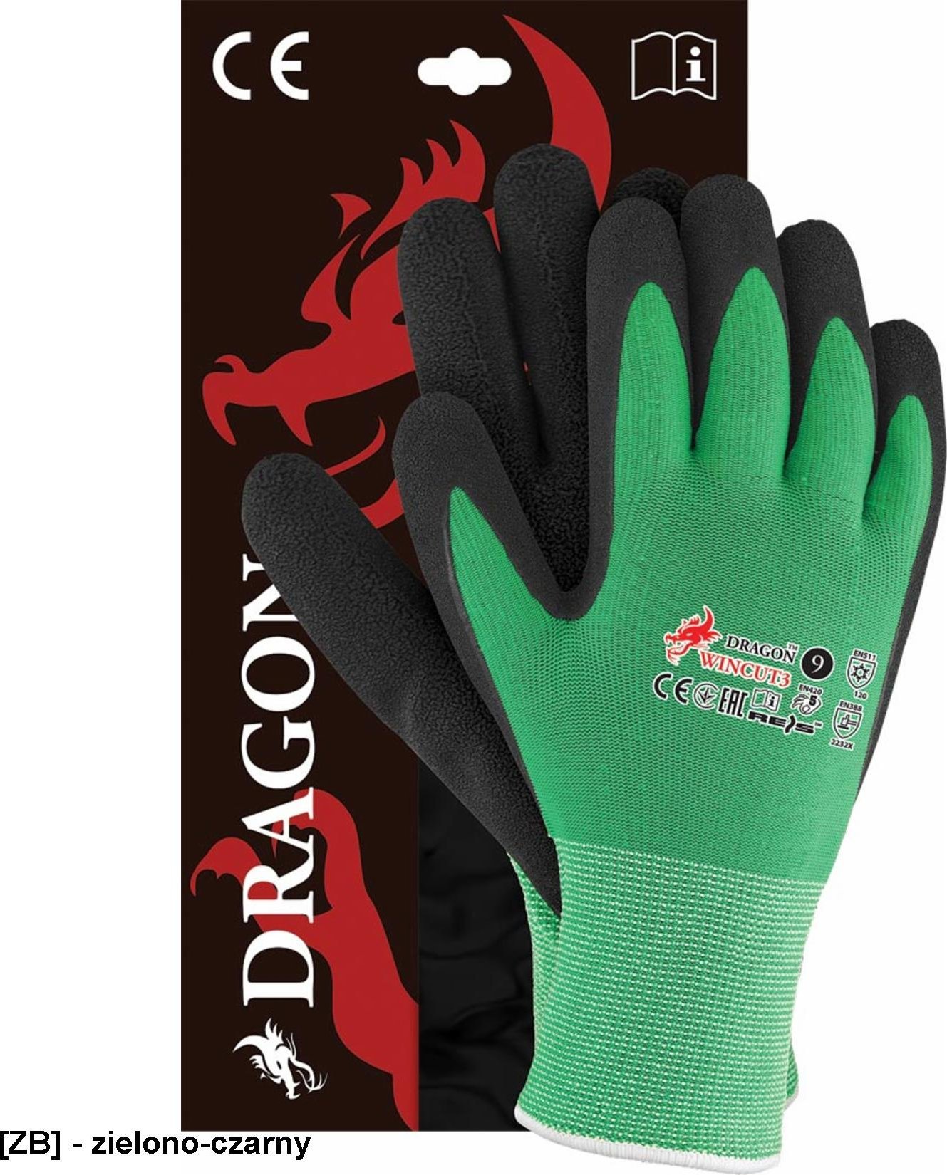 R.E.I.S. WINCUT3 - rękawice ochronne ocieplane, powlekane, oblane spienionym lateksem - zielono-czarny 8