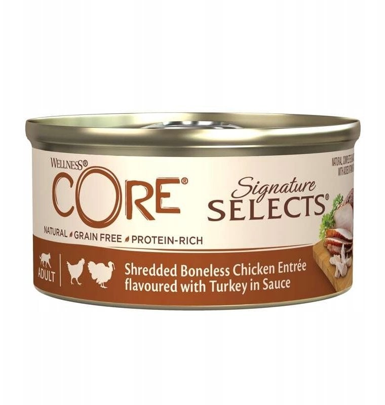 Whiskas Core Signature Selects Signature Selects Shredded Chicken, mokra karma, dla dorosłych kotów, kurczak z indykiem w sosie, 79g, puszka