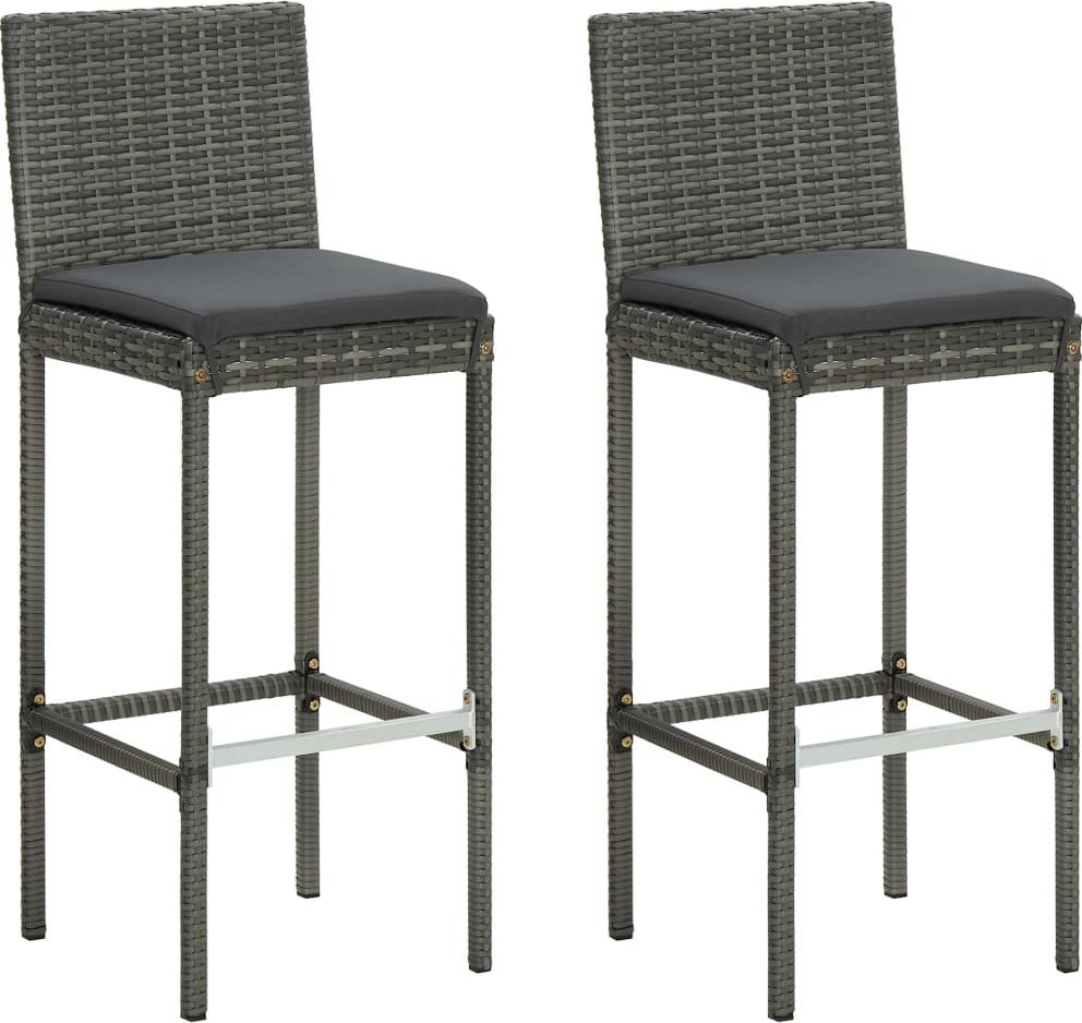 vidaXL Ogrodowe stołki barowe z poduszkami, 2 szt., szare, polirattan