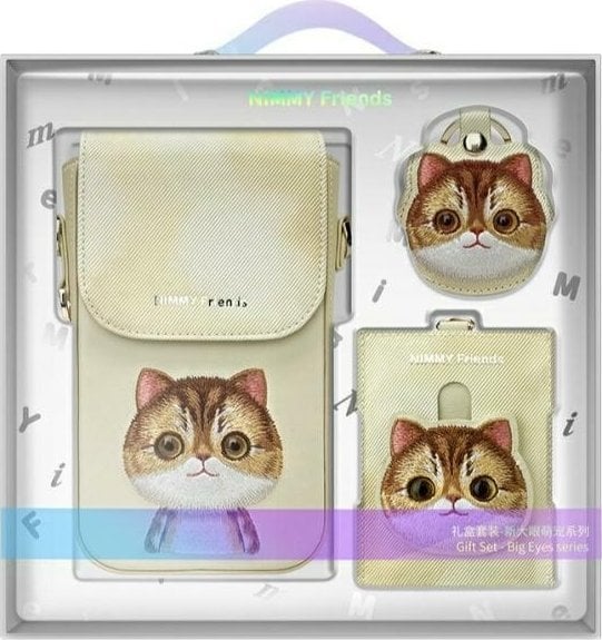 Nimmy Zestaw 3w1 torebka na telefon + portfel + etui na lokalizator khaki Big Eyed Pet 2.0 Cat