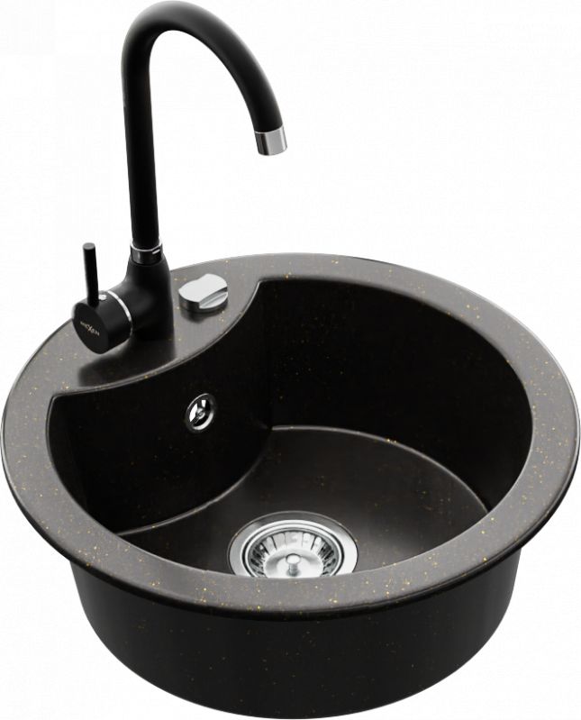 Zlewozmywak Mexen Mexen Diego zlewozmywak granitowy 1-komorowy z baterią kuchenną Telma, czarny/złoty - 6512-75-670200-70